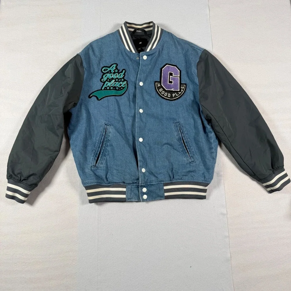 HM Mens Denim Varsity Jacket Blue Gray A Good Place Chenille Patch Bomber M